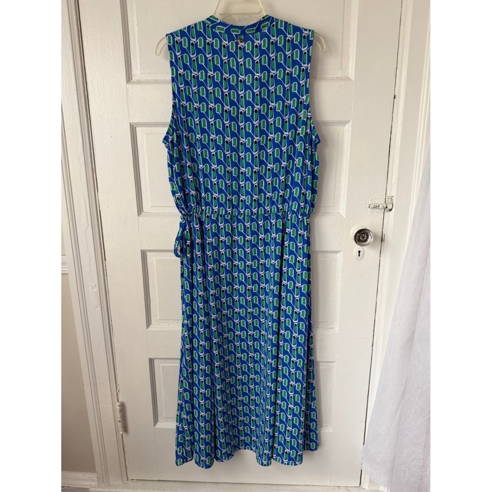 Anne Klein Blue & Green Geometric Sleeveless Maxi Dress Cinched Waist Office Lg - Picture 3 of 17